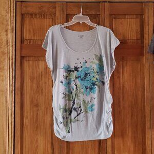 MOTHERHOOD maternity light gray print cap sleeve top sz L woman's